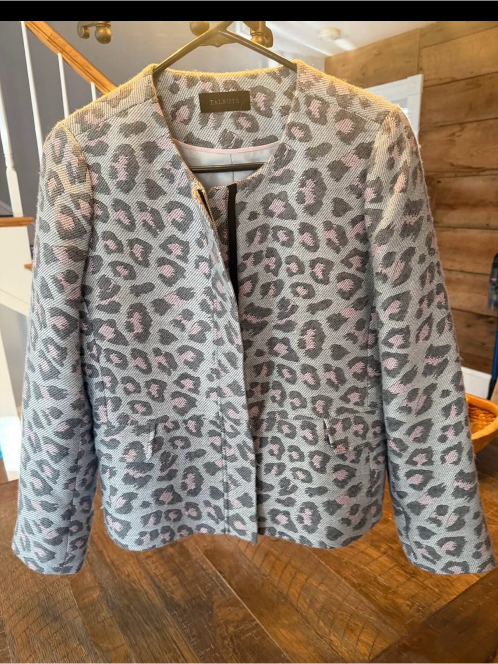 Talbots Gray and Pink Leopard-Print Open Front Jacket
